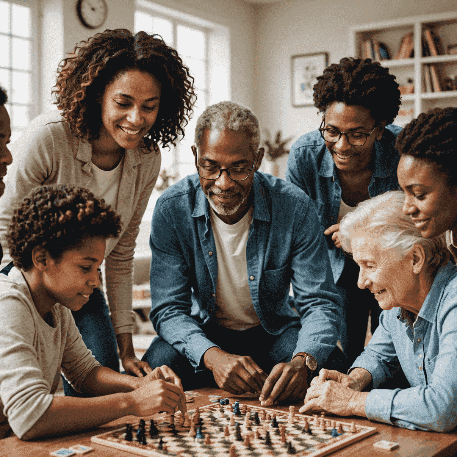 A diverse group of people of various ages playing a strategic board game, with expressions of concentration and enjoyment. The image showcases the cognitive engagement and social interaction facilitated by board games.