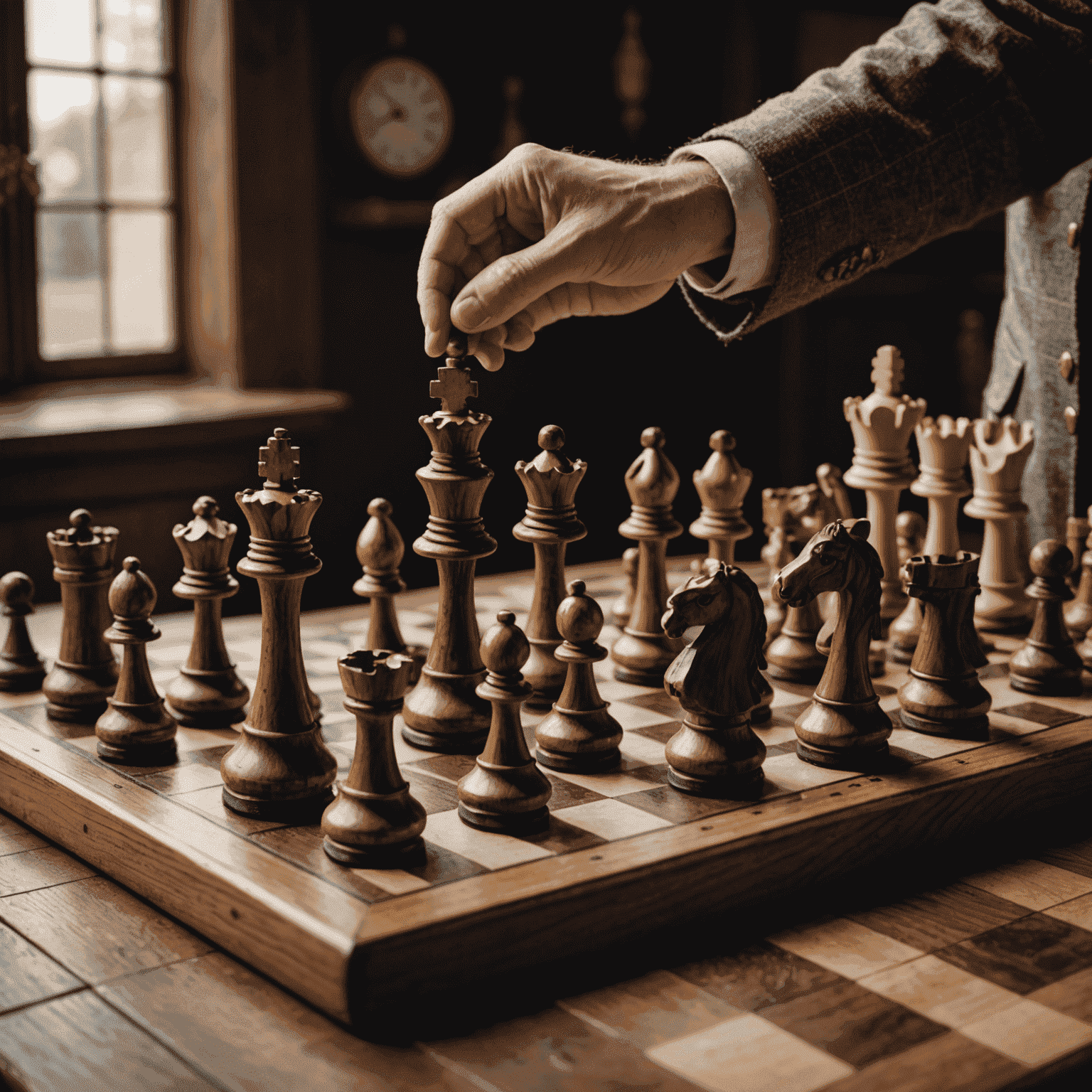 A chessboard with pieces set up, focusing on a hand moving a knight piece, symbolizing strategic thinking and cognitive development