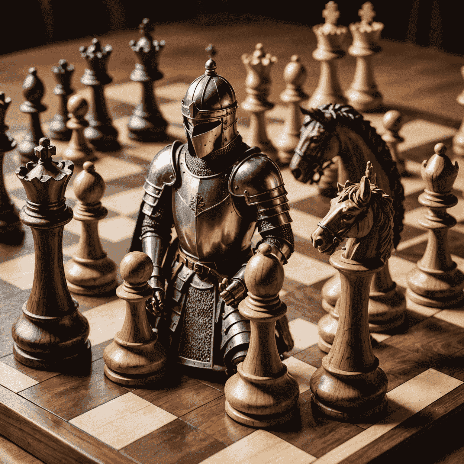 A chessboard with pieces set up, focusing on a hand moving a knight piece, symbolizing strategic thinking and problem-solving in chess