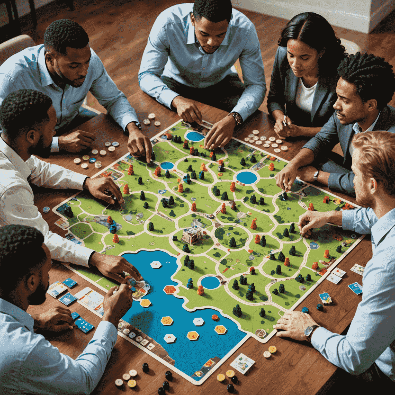 A diverse group of people playing a complex strategy board game, with thought bubbles above their heads showing real-life scenarios like business meetings and urban planning
