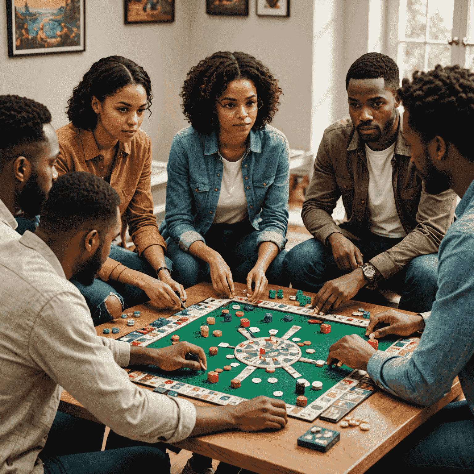A diverse group of people gathered around a table, engrossed in a complex board game. Their expressions show concentration, enjoyment, and friendly competition.