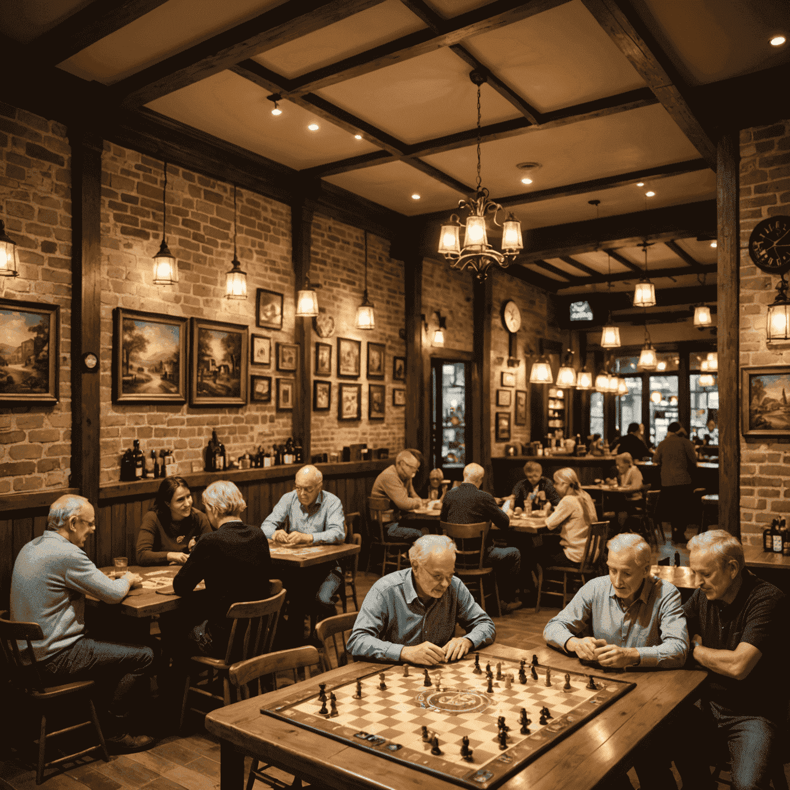A bustling Italian board game café with people of all ages playing various games. The warm lighting and rustic décor create a cozy atmosphere.