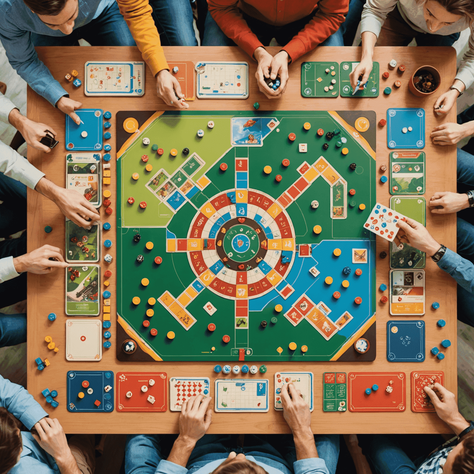 A collection of colorful, modern board games spread out on a table, with players engaged in creative gameplay