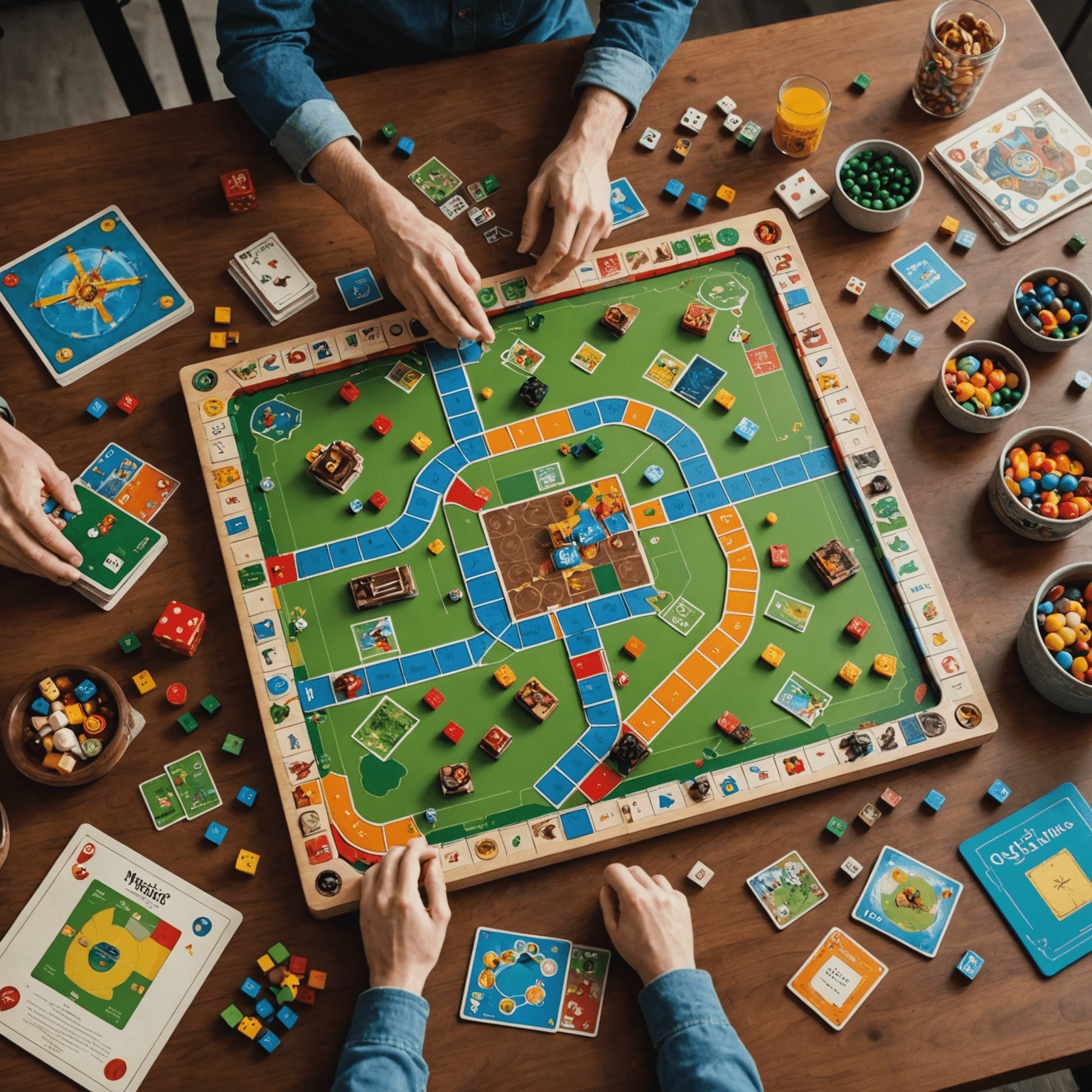 A table with various colorful and innovative board games spread out, showcasing unique game mechanics and creative components
