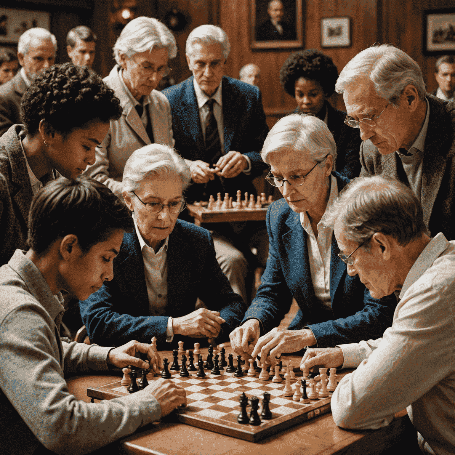 A diverse group of people of various ages engaged in chess matches, illustrating the game's appeal across generations and its role in developing strategic thinking