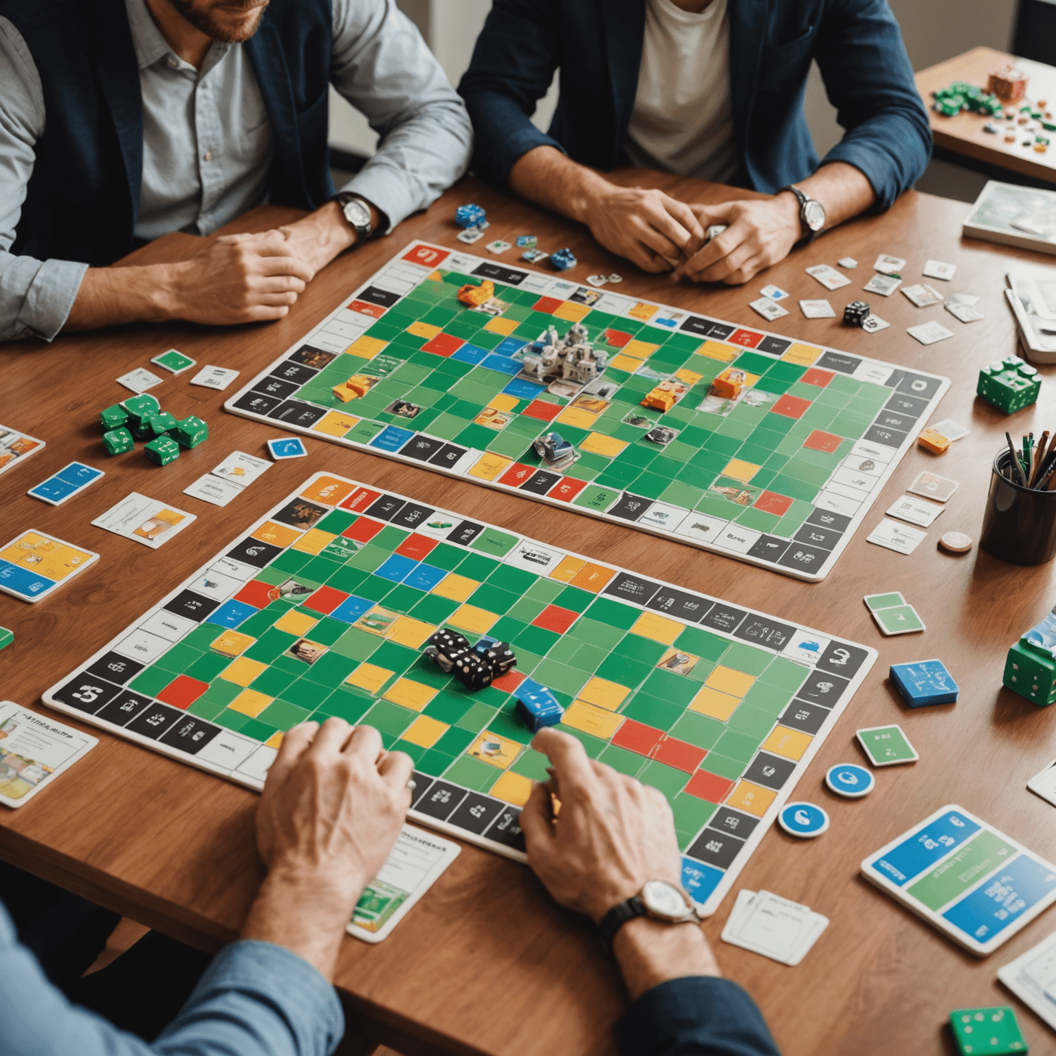 Split image: left side shows a person managing resources in a board game, right side shows the same person efficiently managing a work schedule and budget