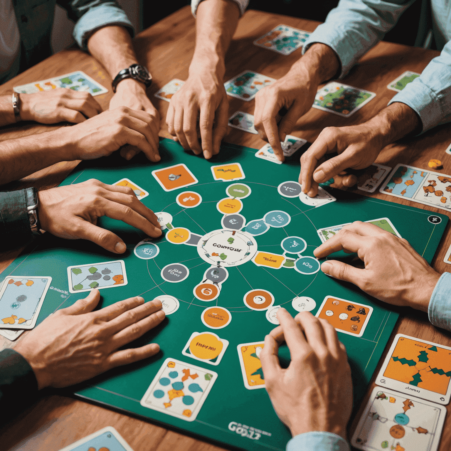 Close-up of players' hands gesturing over a board game, with speech bubbles representing different communication styles and strategies.
