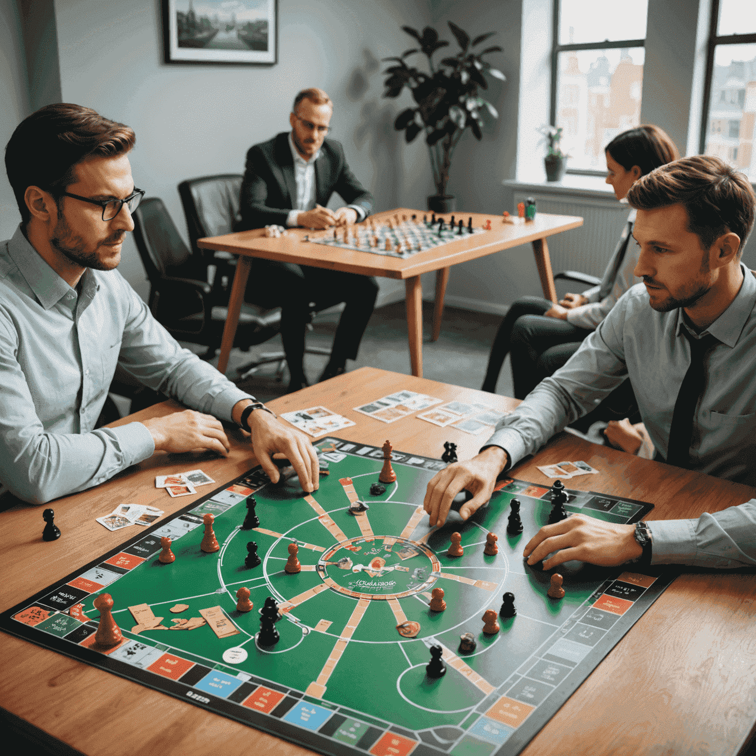 A split image showing a board game on one side and a business meeting on the other, illustrating the application of game logic to real-life scenarios