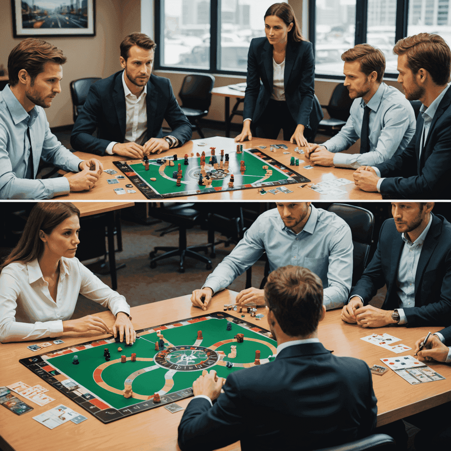 A split image showing a board game setup on one side and a business meeting on the other, illustrating the application of game logic to real-life scenarios
