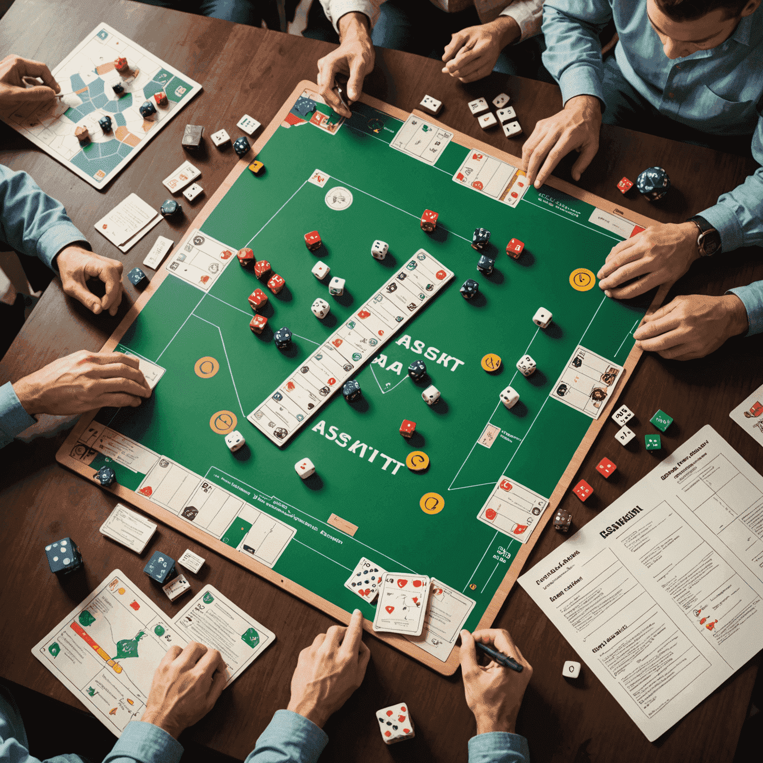 Infographic showing how board game mechanics like dice rolling and card drawing relate to real-world concepts of risk assessment and data analysis