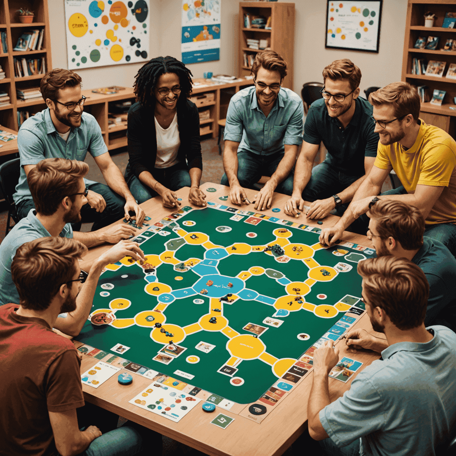 A group of players collaborating on a complex cooperative board game, with thought bubbles showing shared strategies and supportive interactions.