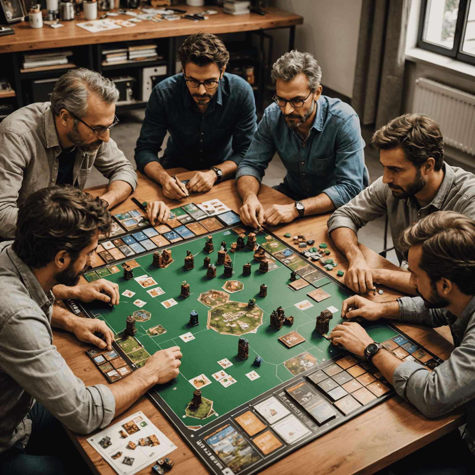 A diverse group of Italian game designers and players brainstorming ideas for new board games, surrounded by prototypes and design materials.