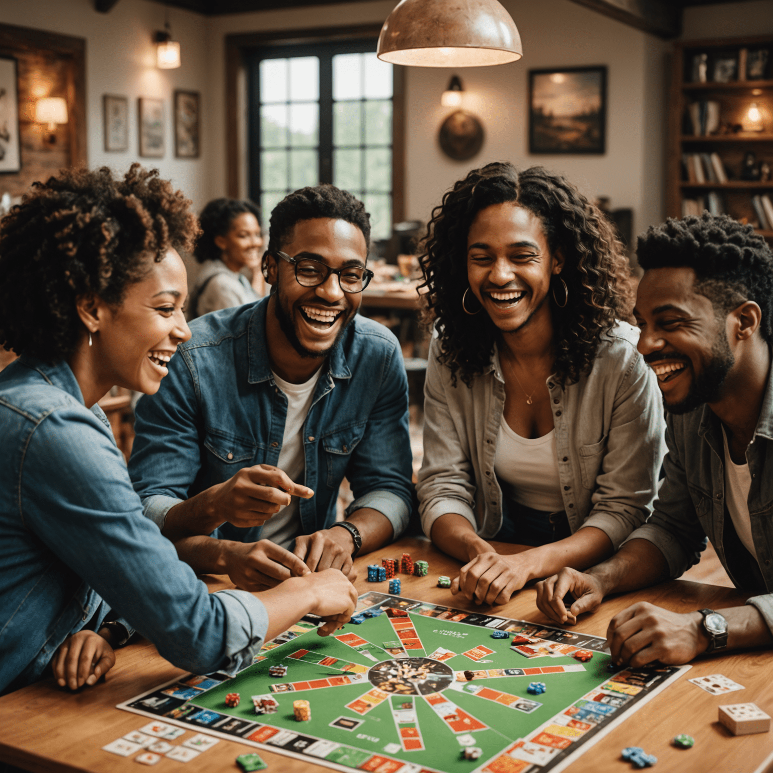 A diverse group of people engaged in playing a board game, laughing and interacting, highlighting the social aspects of gaming
