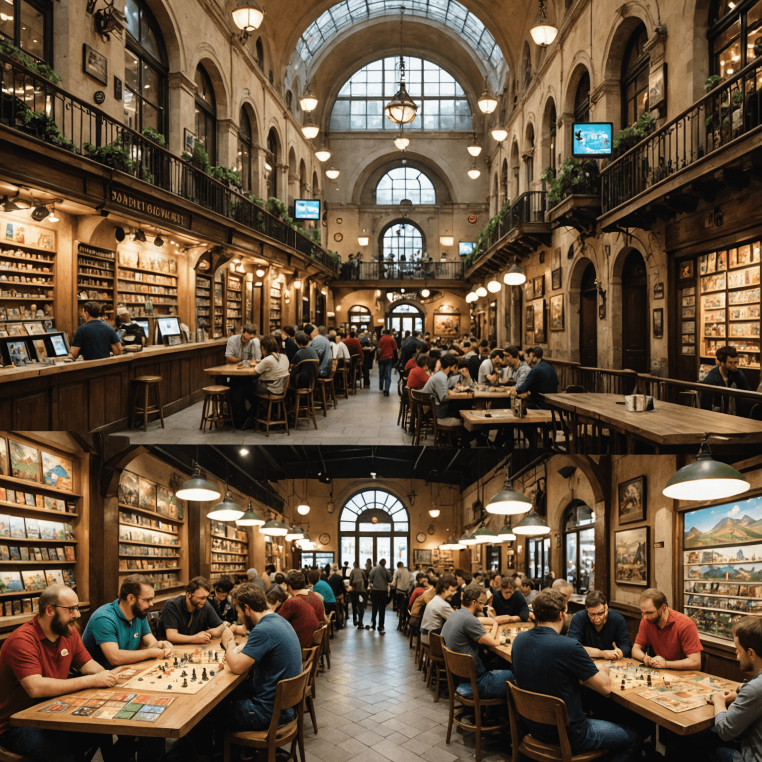 A collage of Italian board game cafes, local game designers, and a bustling convention hall filled with enthusiastic gamers
